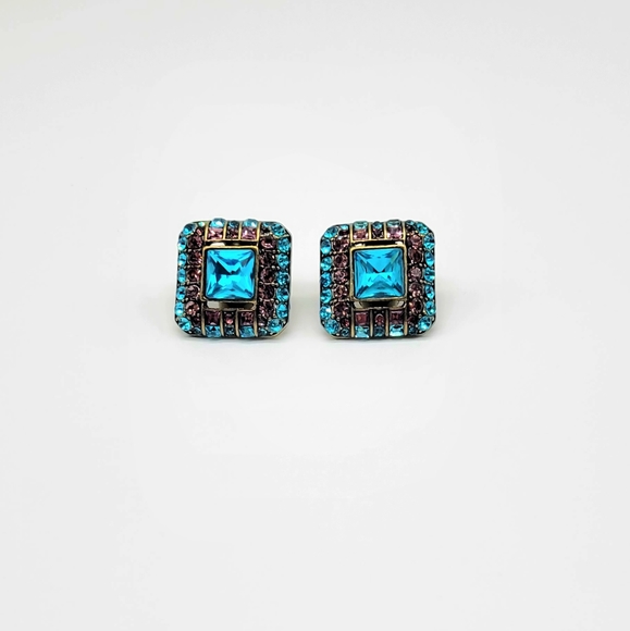 Heidi Daus Blue Topaz+Amethyst Swarovski Crystal Oversized Square Clip Earrings - Picture 7 of 13